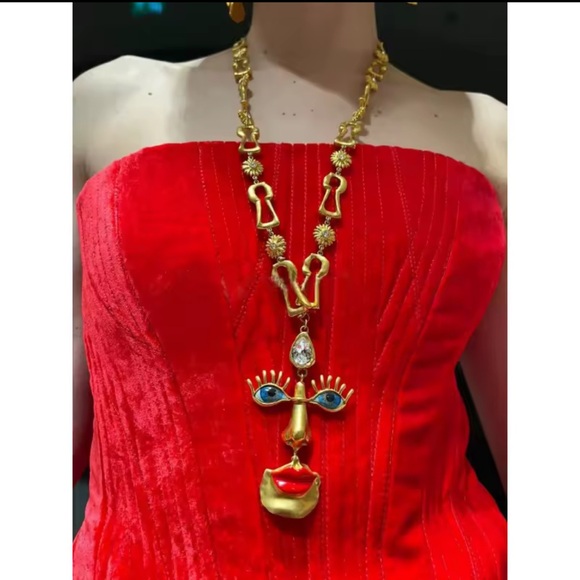Jewelry - Gold and Red Artistic Face Pendant Necklace